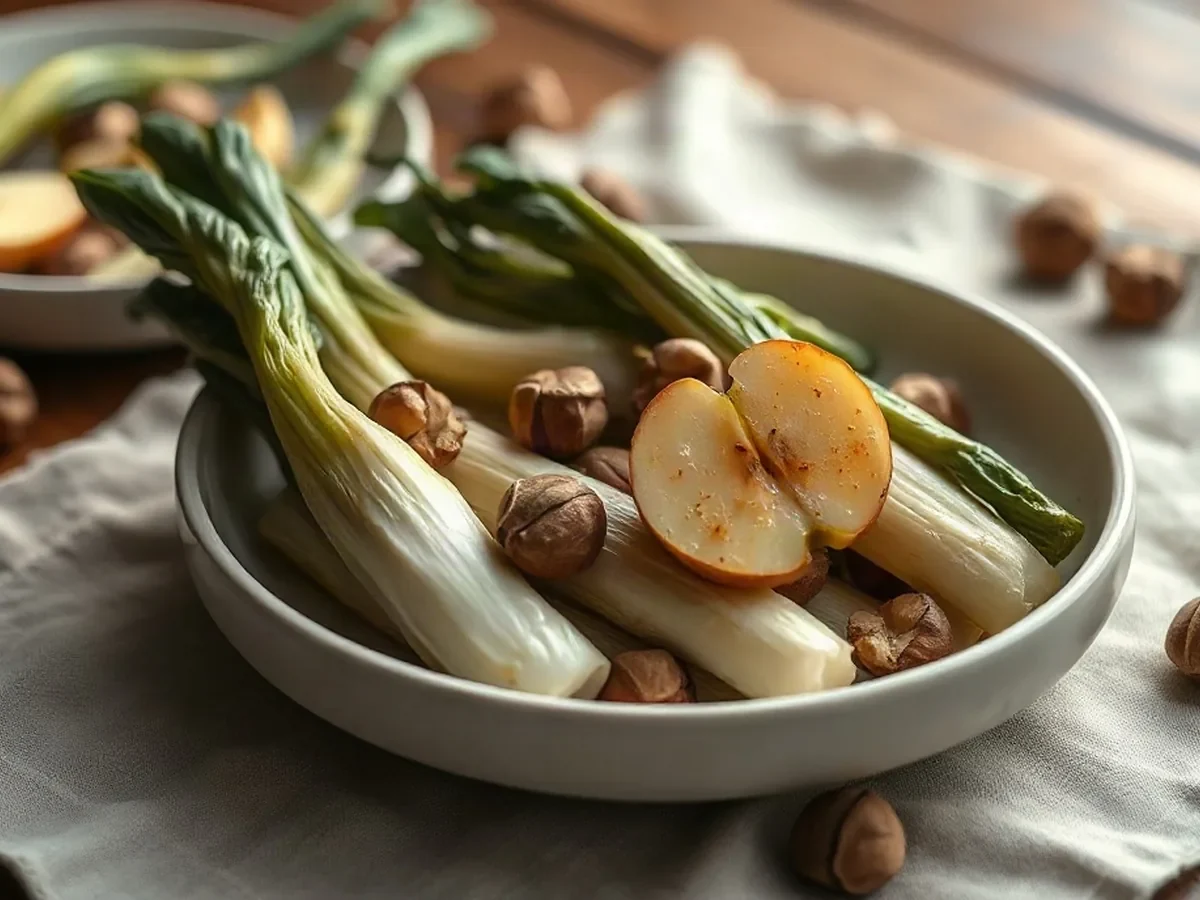 Poireaux fondants, pomme acidulée et noisettes grillées