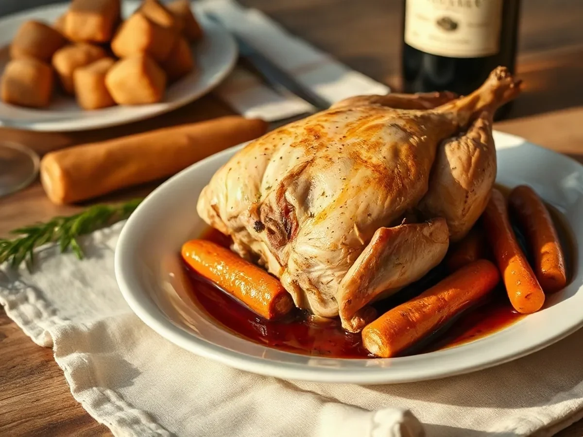 Volaille rôtie, carottes nouvelles et jus au vin