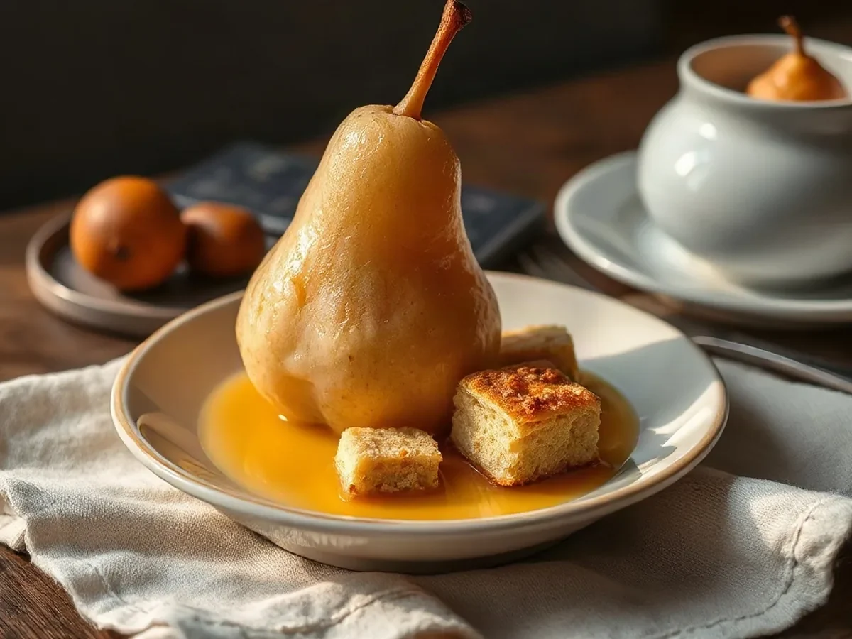 Poire pochée, crème légère et sablé friable